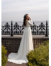 Long Sleeves Ivory Satin V Back Simple Modest Wedding Dress